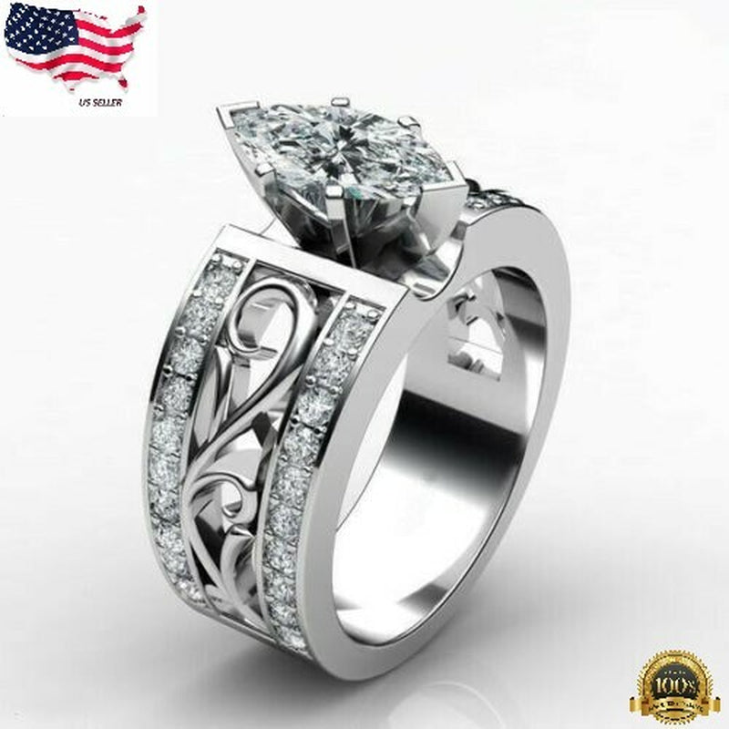 Wedding Engagement 925 Stamped Marquise Cut Simulated Sapphire Ring Sizes 6-10