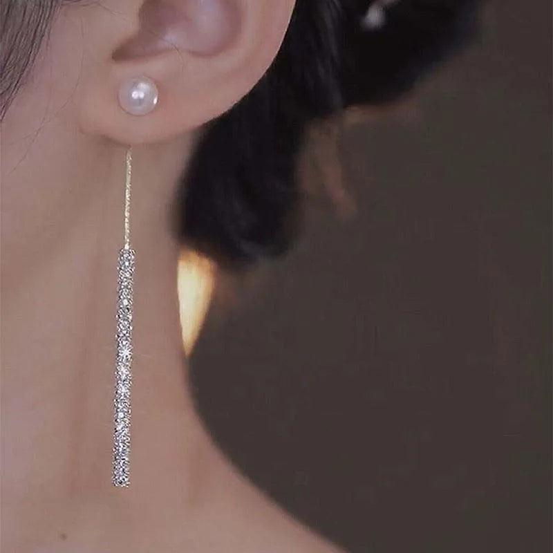 Luxury Korean Long Tassel Pearl Dangle Earrings with Rhinestones - Perfect for Weddings and Parties