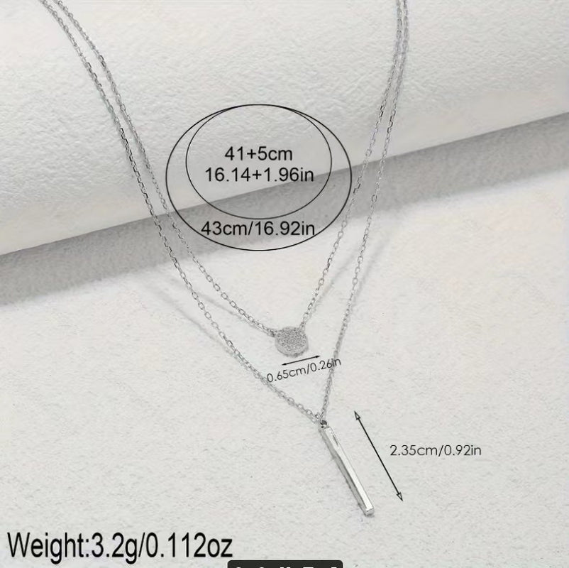 S925 Silver Color Double Chain Long Stick Micro Pave Zircon round Pendant Necklaces for Women Trendy Jewelry