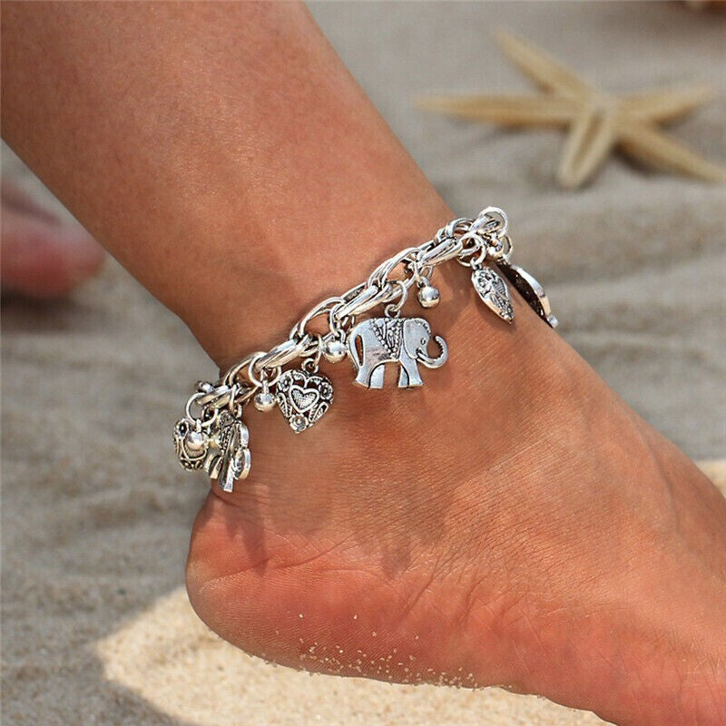 Women Vintage Chain Anklet Elephant Heart Pendant Anklets Beach Foot Bracelets