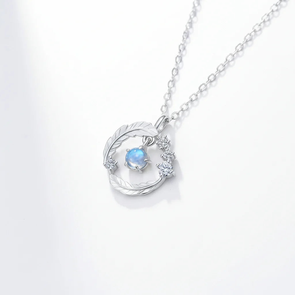 Elegant Moonstone Feather Pendant Necklace in 925 Silver