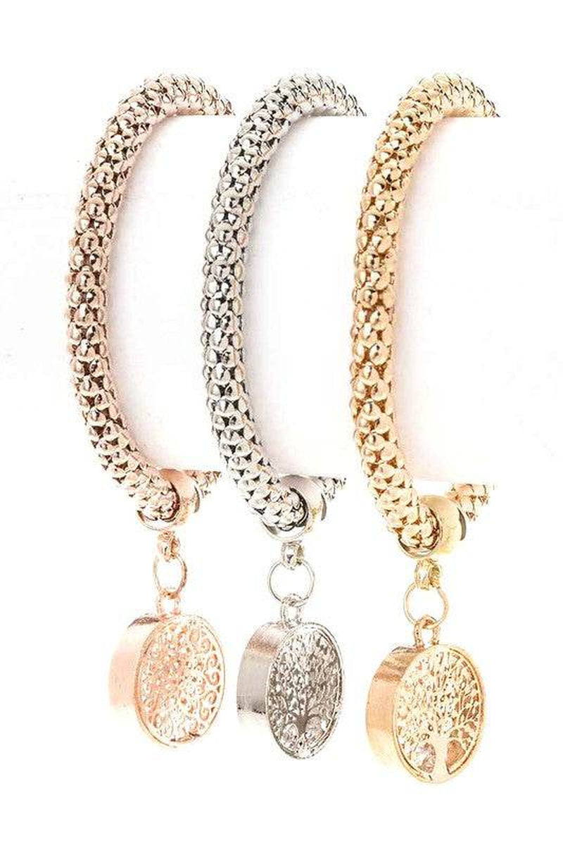 Elegant 3-Tone Willow Tree Charm Popcorn Bracelet Set