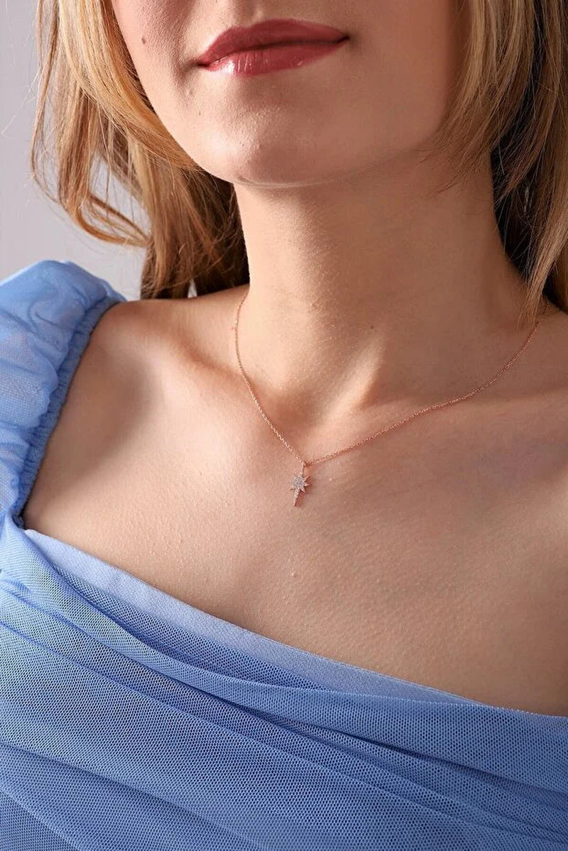 Elegant Rose Gold Plated 925 Sterling Silver North Star Necklace with Sparkling Zircon Stones