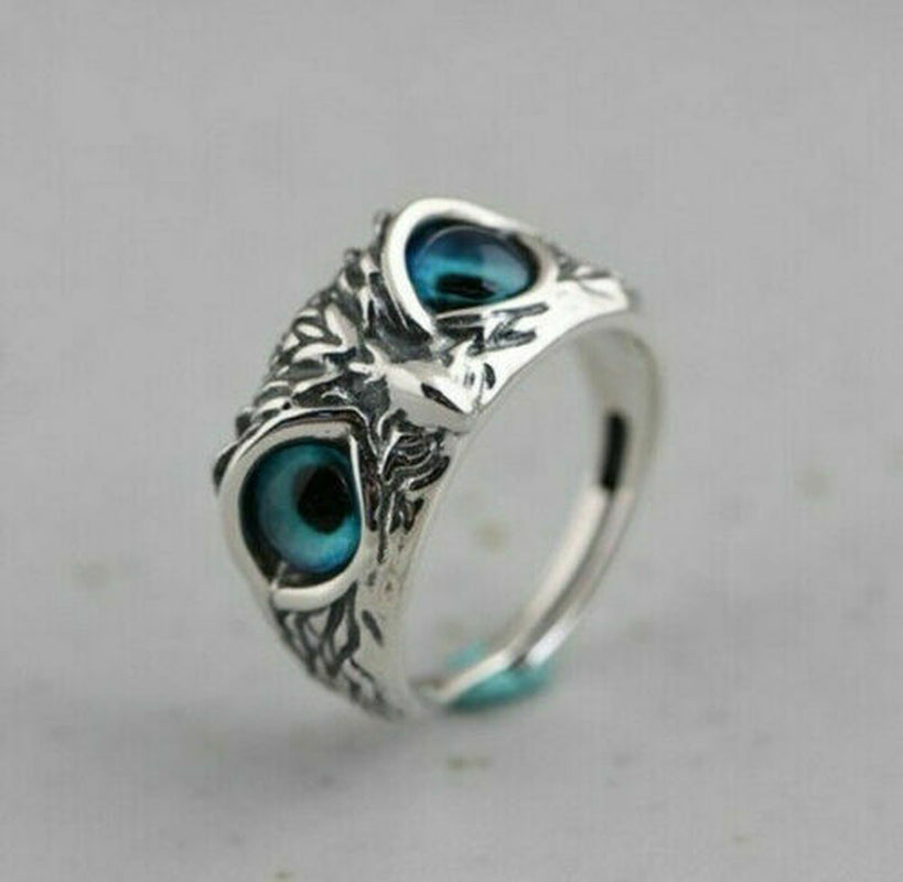 Silver Plated Blue Eye Owl Ring Women Jewelry Rings Adjustable Lab-Created
