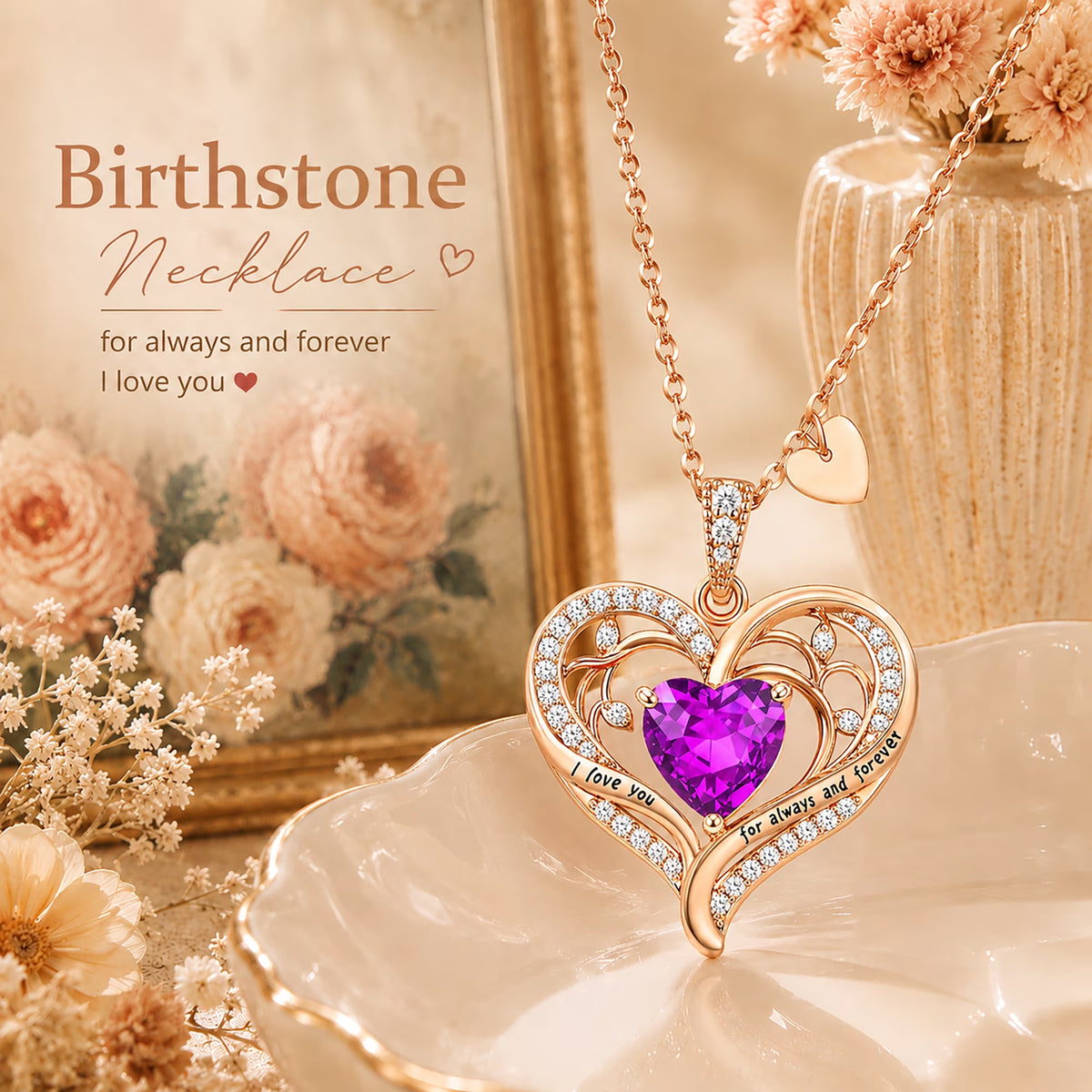 Birthstone Heart Pendant Necklace for Women, Christmas Birthday Anniversary Jewelry Gift