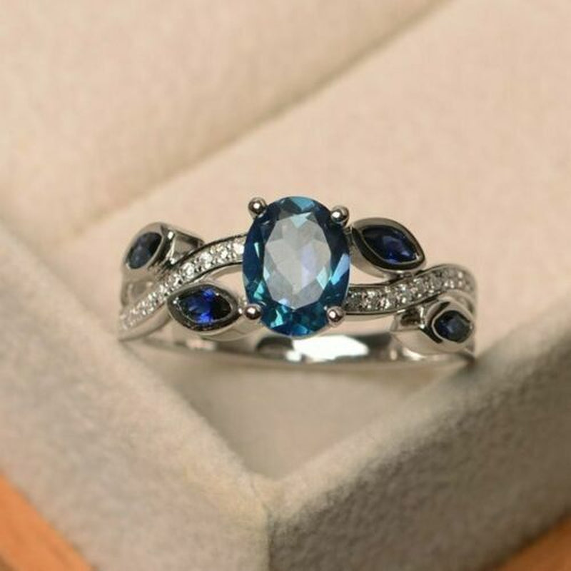 Oval Romantic Cut Aquamarine Women Silver Plated Rings Size 6-10 Simulated Glass