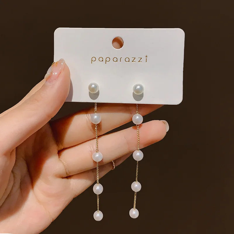 Luxury Korean Long Tassel Pearl Dangle Earrings with Rhinestones - Perfect for Weddings and Parties