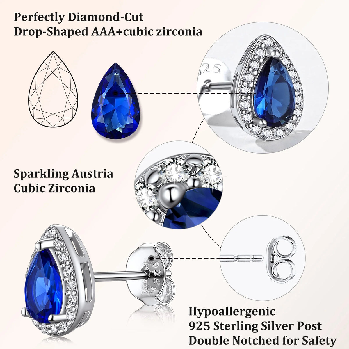 925 Sterling Silver Birthstone Stud Earrings for Women, Sparking September Teardrop Cut Diamond Earrings for Sensitive Ears