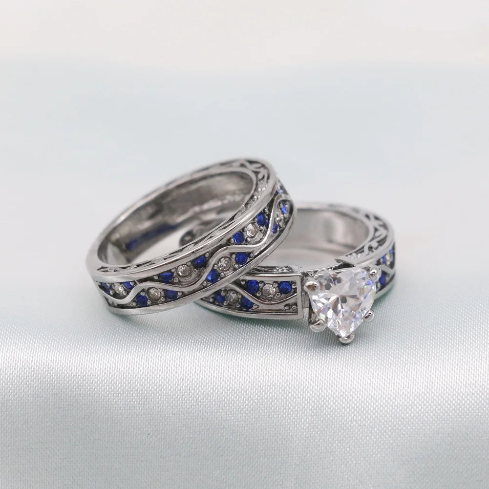 Matching Ring Couple Rings White Gold Plated 1CT CZ Women Wedding Ring Sets Female Ring