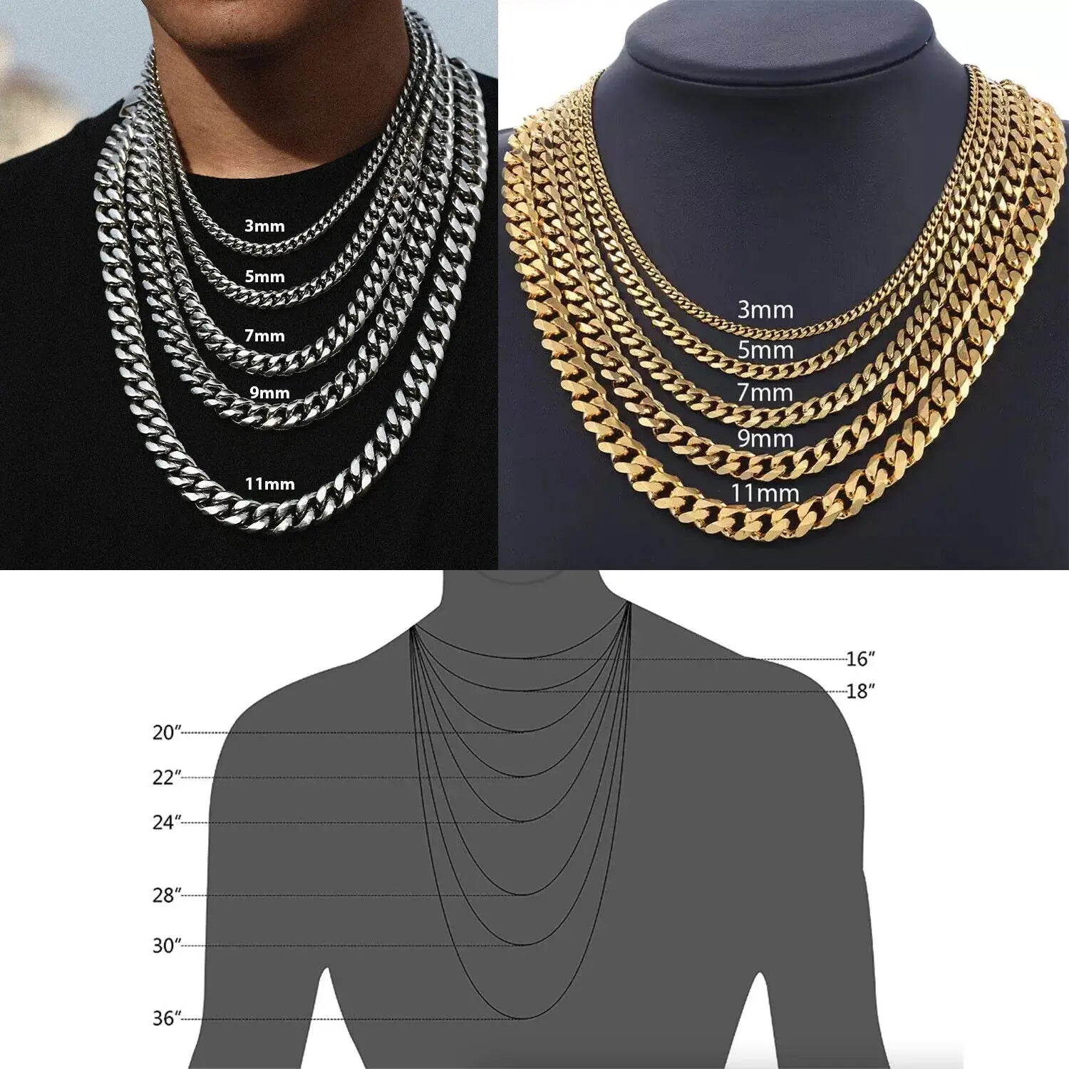 Stylish Stainless Steel Cuban Curb Chain Necklace for Men & Women - Available in 3/5/7/9/11mm Sizes
