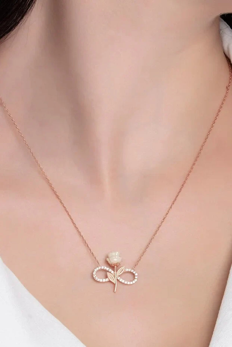 Elegant 925 Sterling Silver Rose Gold Plated Infinity Necklace with Sparkling Zircon Stone and White Rose Design