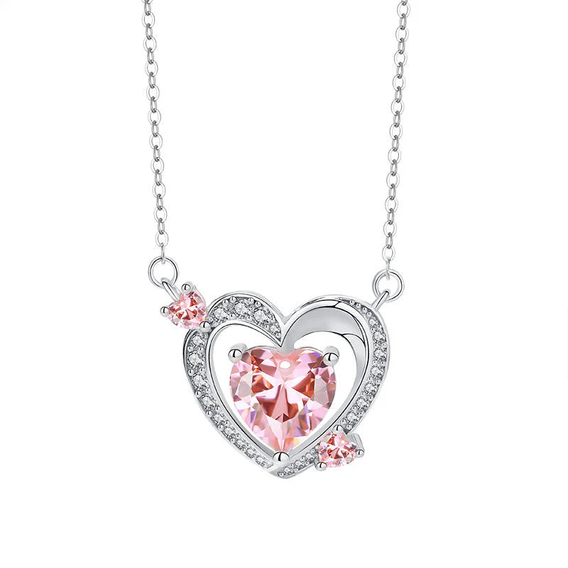 Stunning 925 Sterling Silver Heart Pendant Necklace with Sparkling Pink Cubic Zirconia