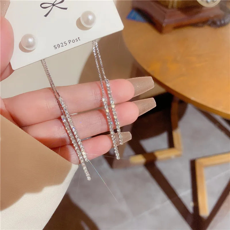 Luxury Korean Long Tassel Pearl Dangle Earrings with Rhinestones - Perfect for Weddings and Parties