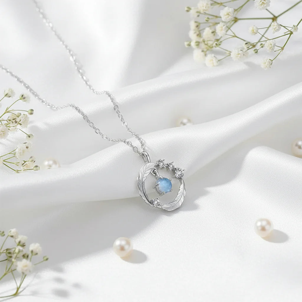 Elegant Moonstone Feather Pendant Necklace in 925 Silver