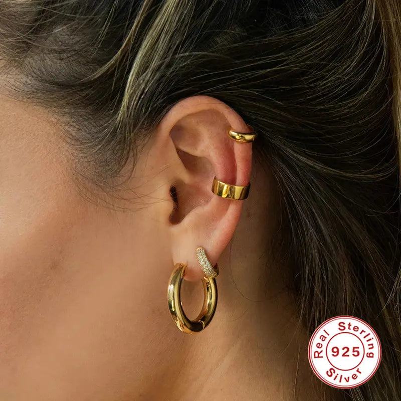 Gold Plated 925 Sterling Silver Diamond Huggie Hoop Earrings
