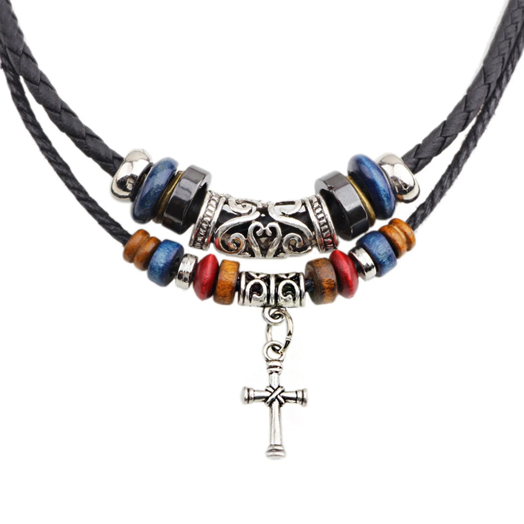 Vintage Tribal Boho Leather Necklace Hipppie Double Layer Cross Beaded Necklace