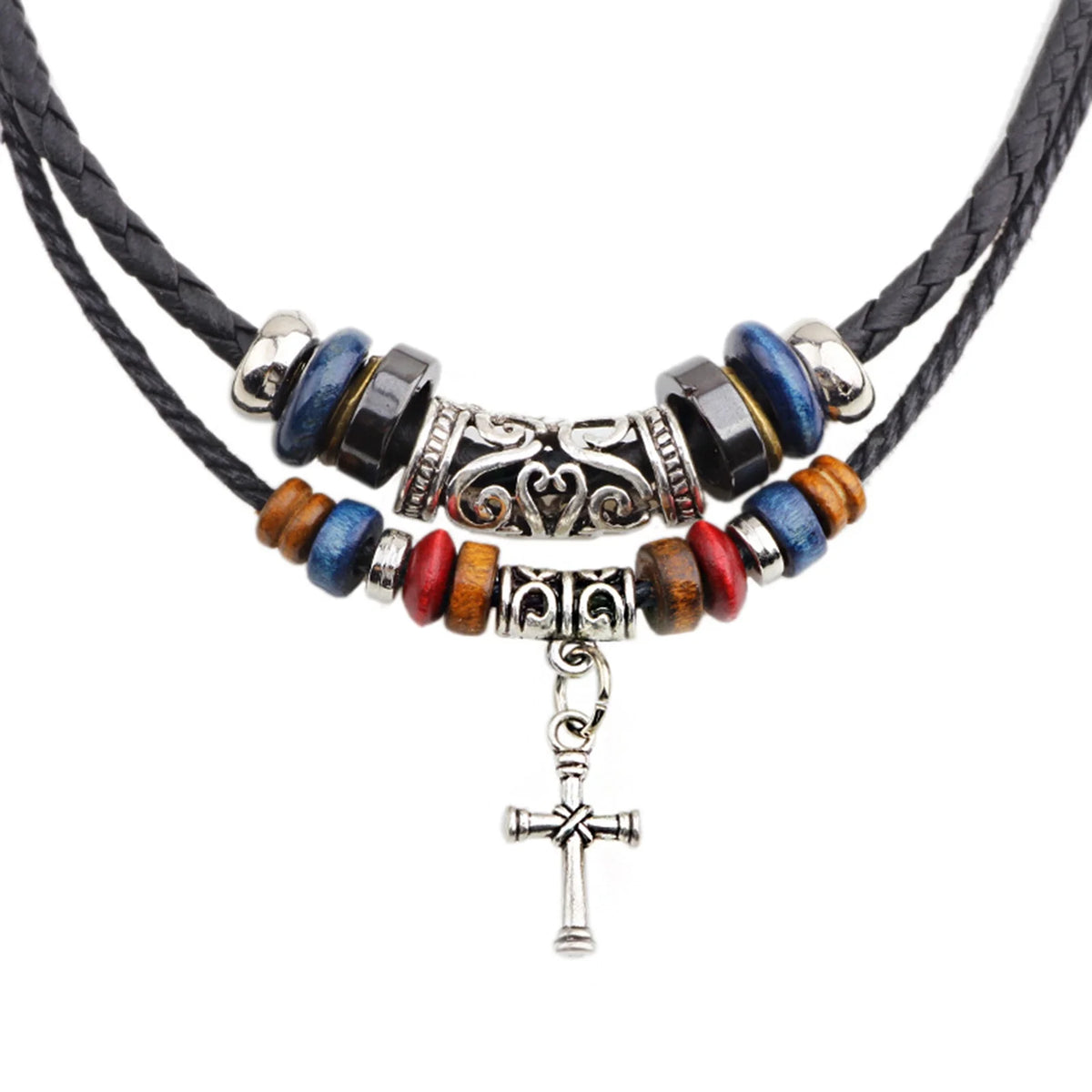 Vintage Tribal Boho Leather Necklace Hipppie Double Layer Cross Beaded Necklace