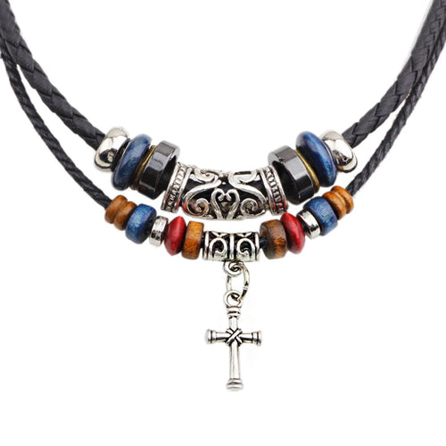 Vintage Tribal Boho Leather Necklace Hipppie Double Layer Cross Beaded Necklace