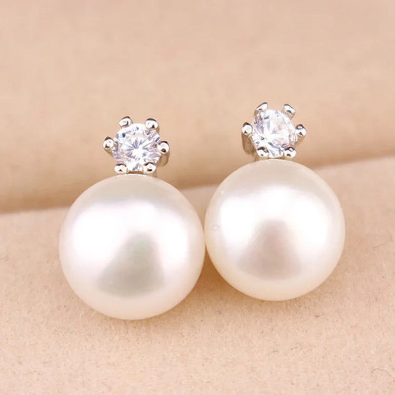 Elegant White Gold Pearl Earrings with Crystals - Stunning Silver Studs for Women