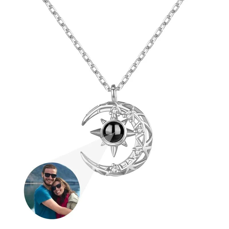 Enchanting Crescent Moon Projection Necklace with Personalized Photo Pendant