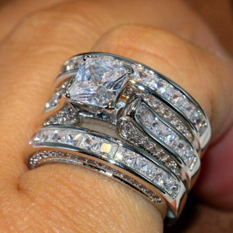925 Silver Women Fashion 3Pcs/Set Wedding Ring Cubic Zircon Jewelry Sz 6-10