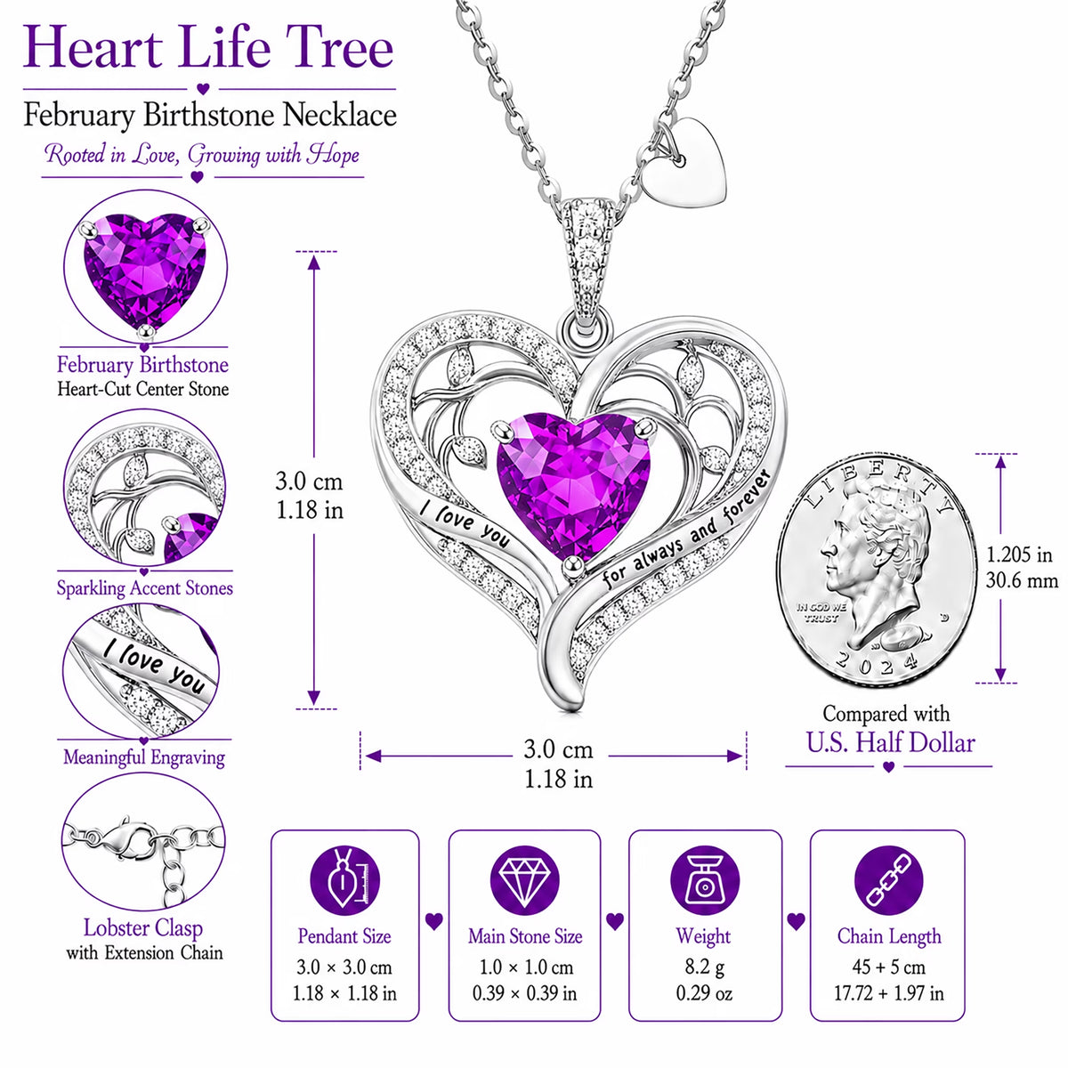 Birthstone Heart Pendant Necklace for Women, Christmas Birthday Anniversary Jewelry Gift