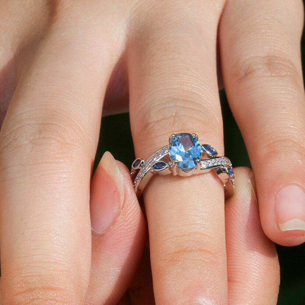 Oval Romantic Cut Aquamarine Women Silver Plated Rings Size 6-10 Simulated Glass