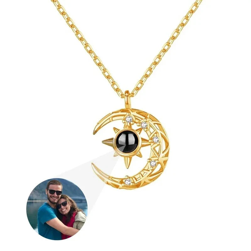 Enchanting Crescent Moon Projection Necklace with Personalized Photo Pendant