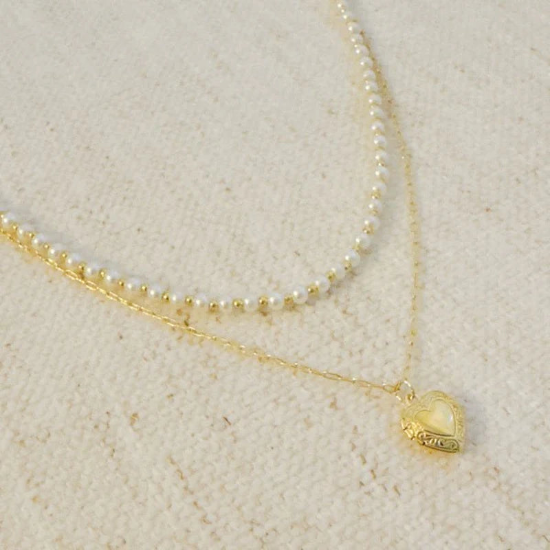 Elegant Pearls & Heart Locket Layered Necklace
