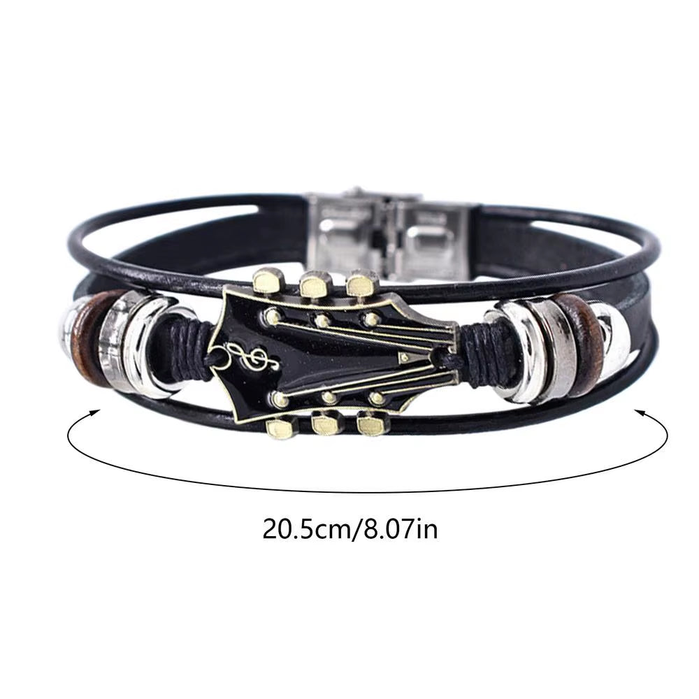 Braided Guitar Bracelet Zinc Alloy Adjustable Buckle Manual Woven Faux Leather 3-Layered Retro Punk Wrist Jewelry Gifts