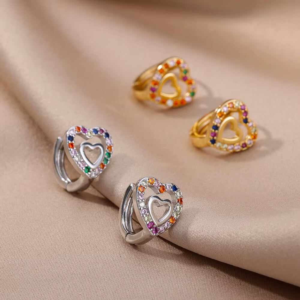 Elegant Gold Hollow Zircon Heart Earrings - Luxury Stainless Steel Jewelry Gift for Women with Free Shipping