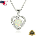 Women Silver Plated Opal Heart Pendant Necklace 18” Lab-Created