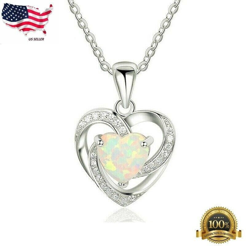 Women Silver Plated Opal Heart Pendant Necklace 18” Lab-Created