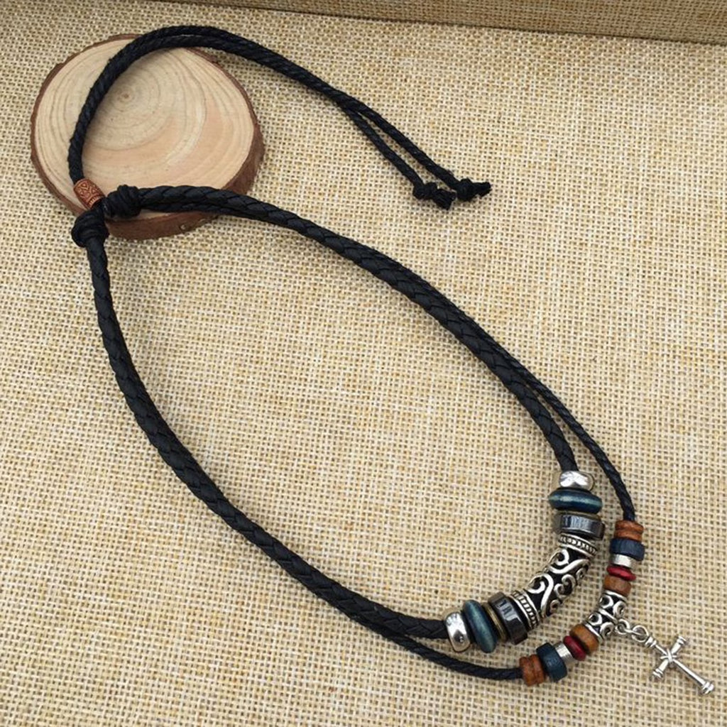 Vintage Tribal Boho Leather Necklace Hipppie Double Layer Cross Beaded Necklace