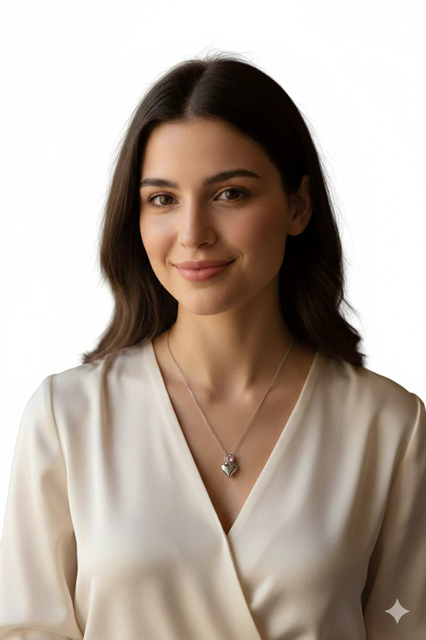 Elegant Stainless Steel Heart Necklace with Pink Stone for Women
