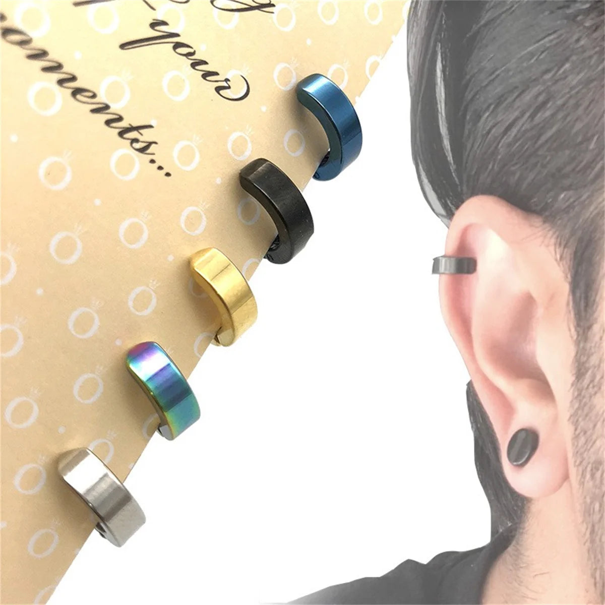 Stylish 2Pcs Non-Piercing Stainless Steel Cuff Hoop Earrings - Fake Piercing Clip-On Design