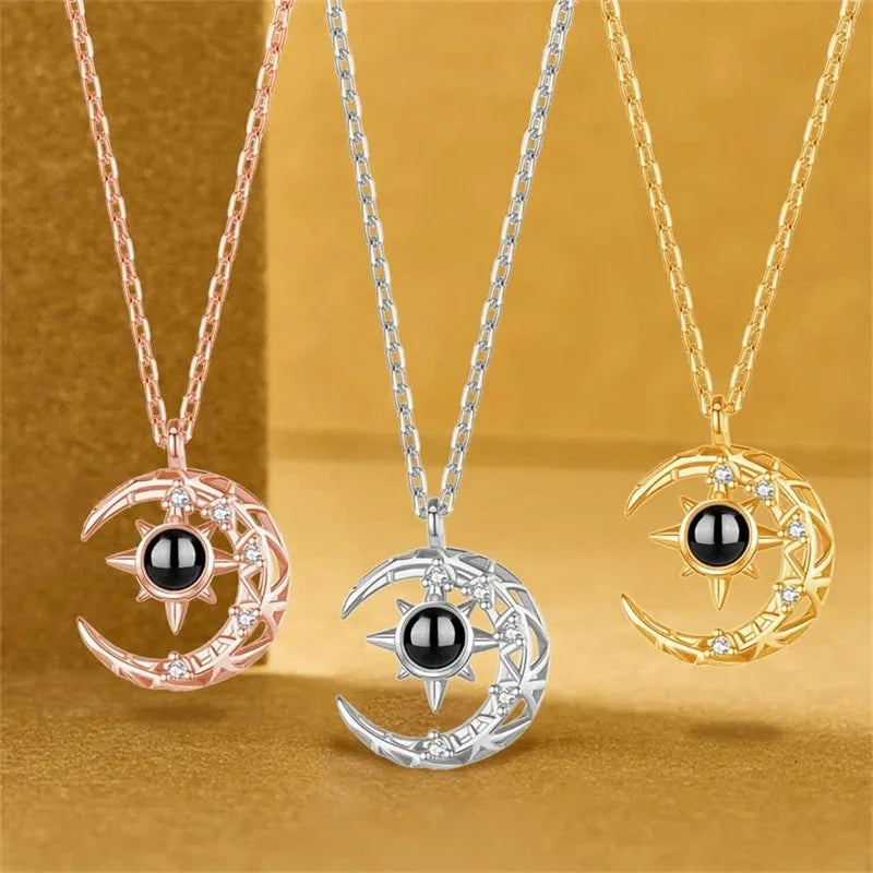 Enchanting Crescent Moon Projection Necklace with Personalized Photo Pendant