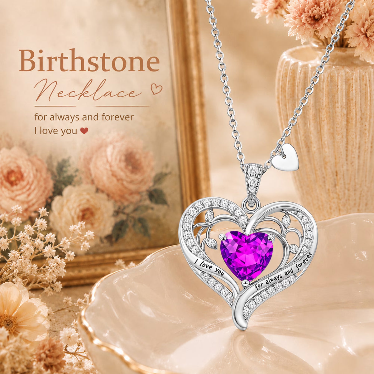 Birthstone Heart Pendant Necklace for Women, Christmas Birthday Anniversary Jewelry Gift