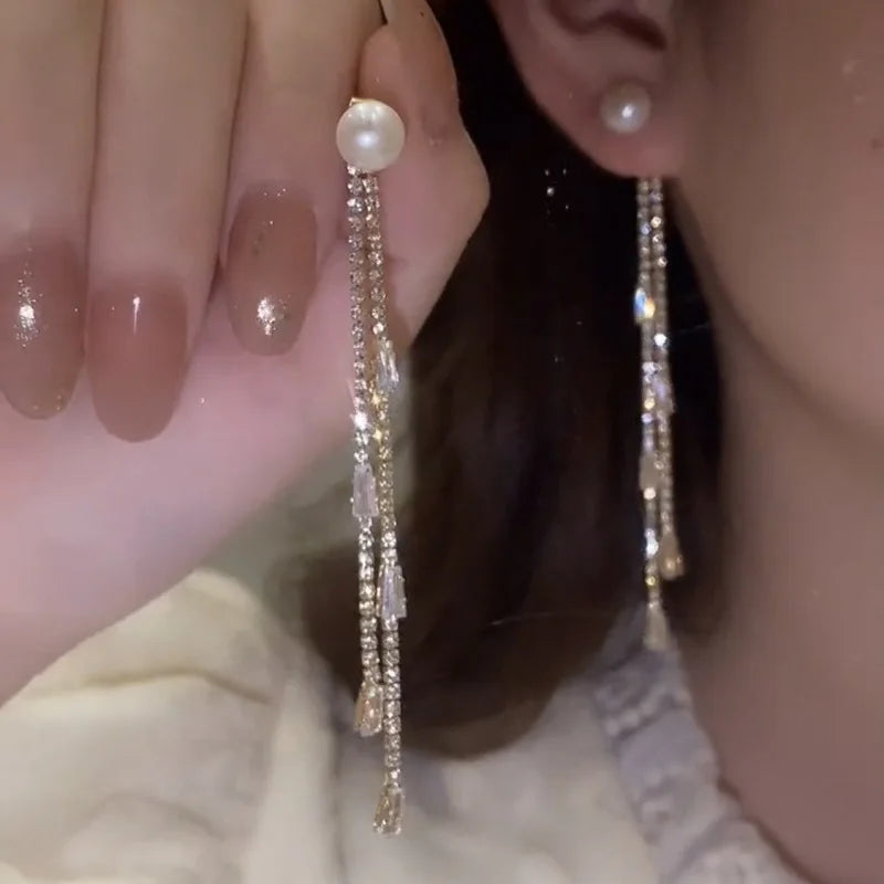 Luxury Korean Long Tassel Pearl Dangle Earrings with Rhinestones - Perfect for Weddings and Parties