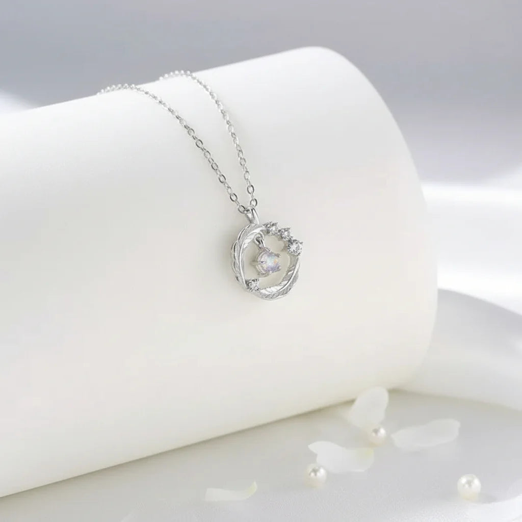 Elegant Moonstone Feather Pendant Necklace in 925 Silver