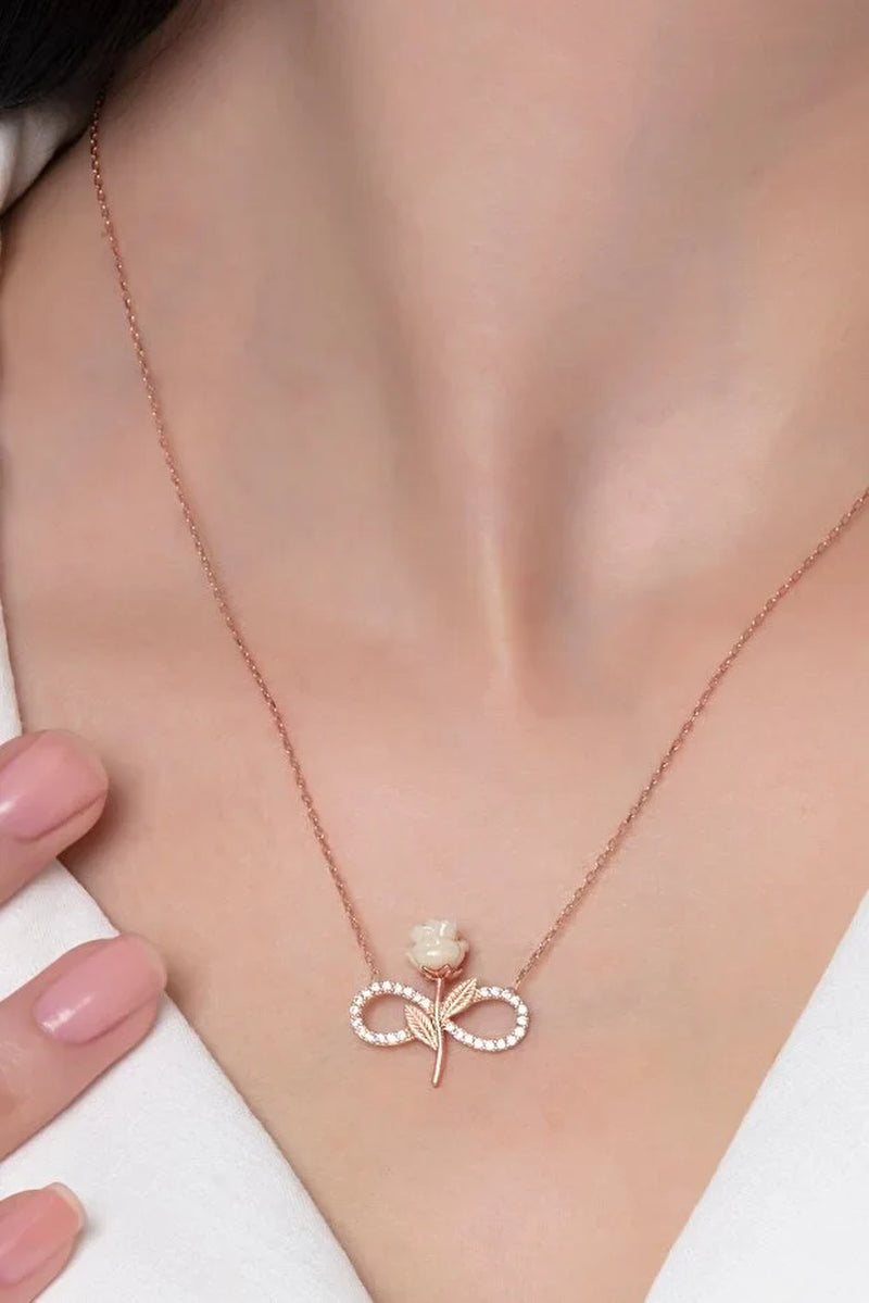 Elegant 925 Sterling Silver Rose Gold Plated Infinity Necklace with Sparkling Zircon Stone and White Rose Design