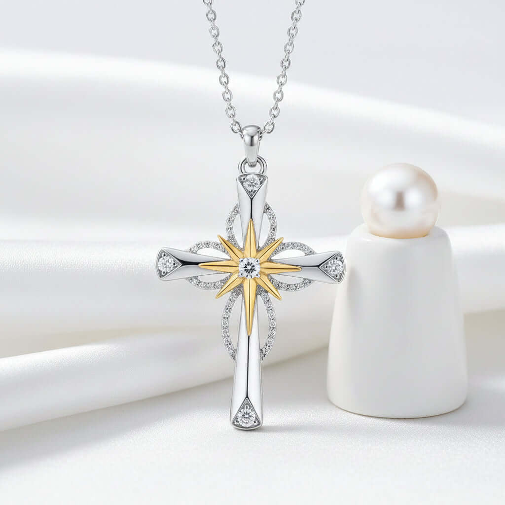 Elegant Silver Star Cross Necklace - Stunning Octagonal Pendant for Women