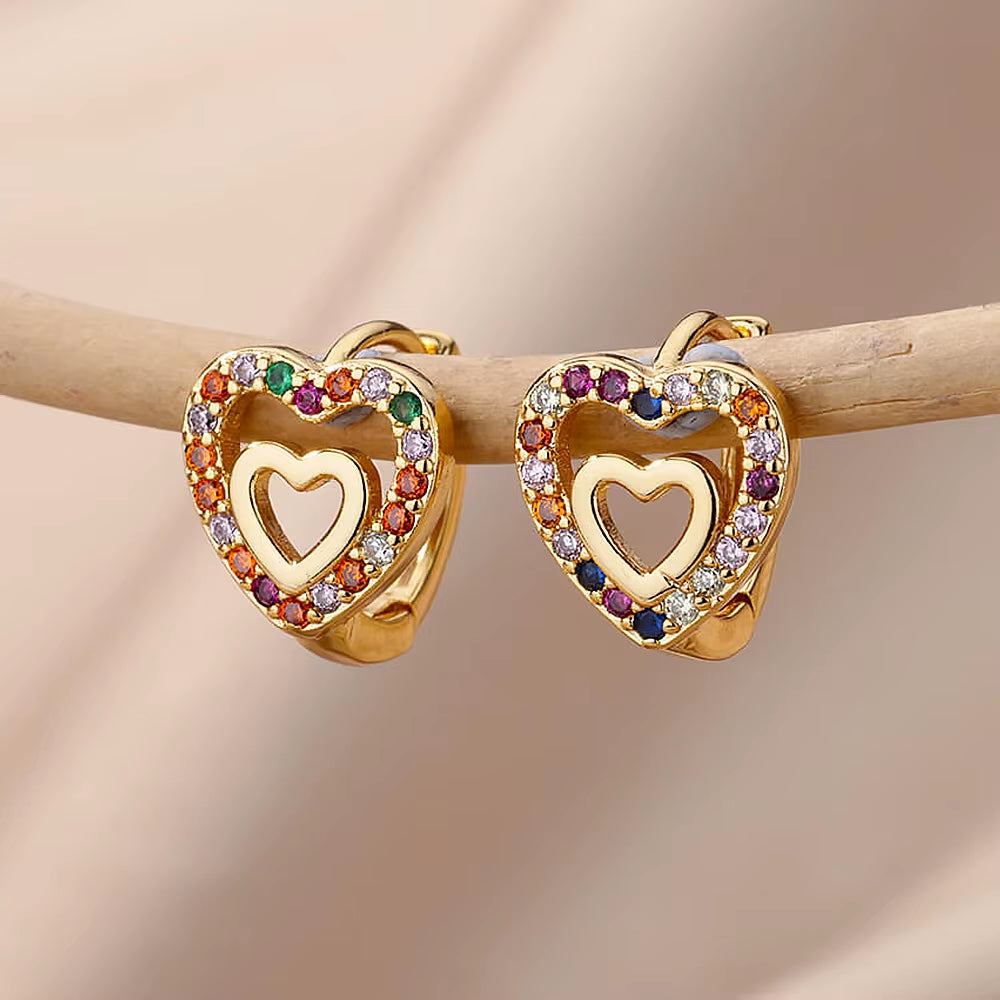 Elegant Gold Hollow Zircon Heart Earrings - Luxury Stainless Steel Jewelry Gift for Women with Free Shipping