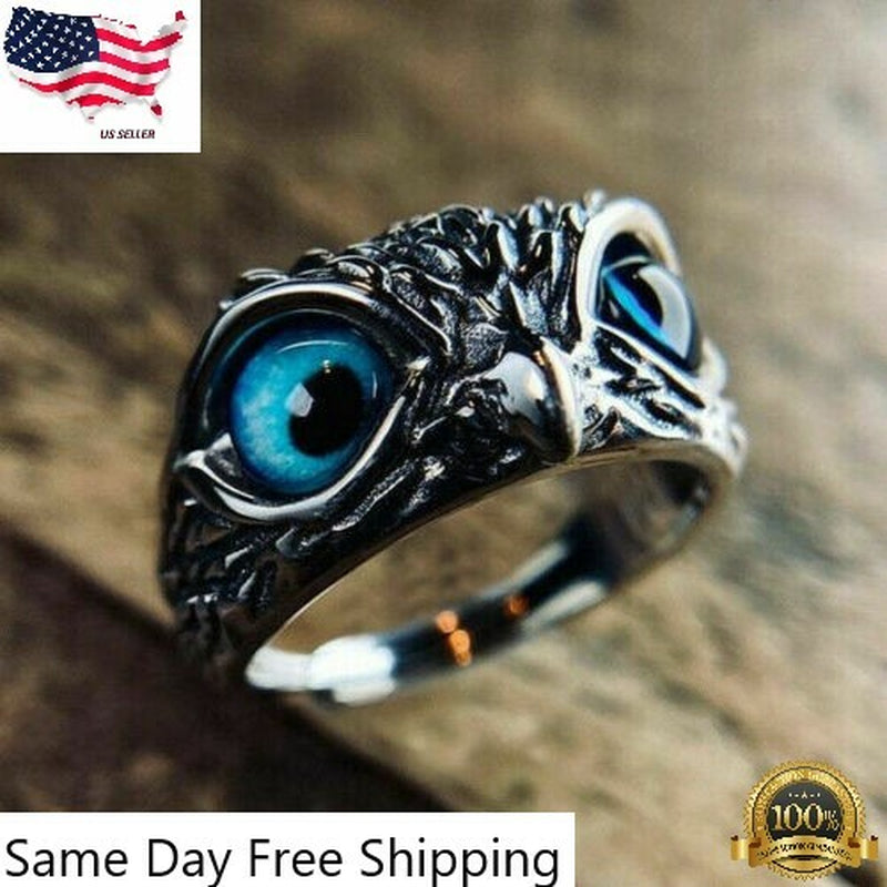 Silver Plated Blue Eye Owl Ring Women Jewelry Rings Adjustable Lab-Created