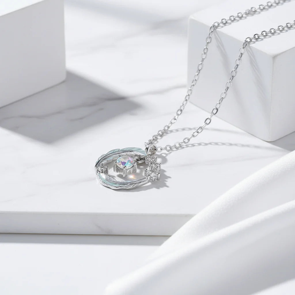 Elegant Moonstone Feather Pendant Necklace in 925 Silver