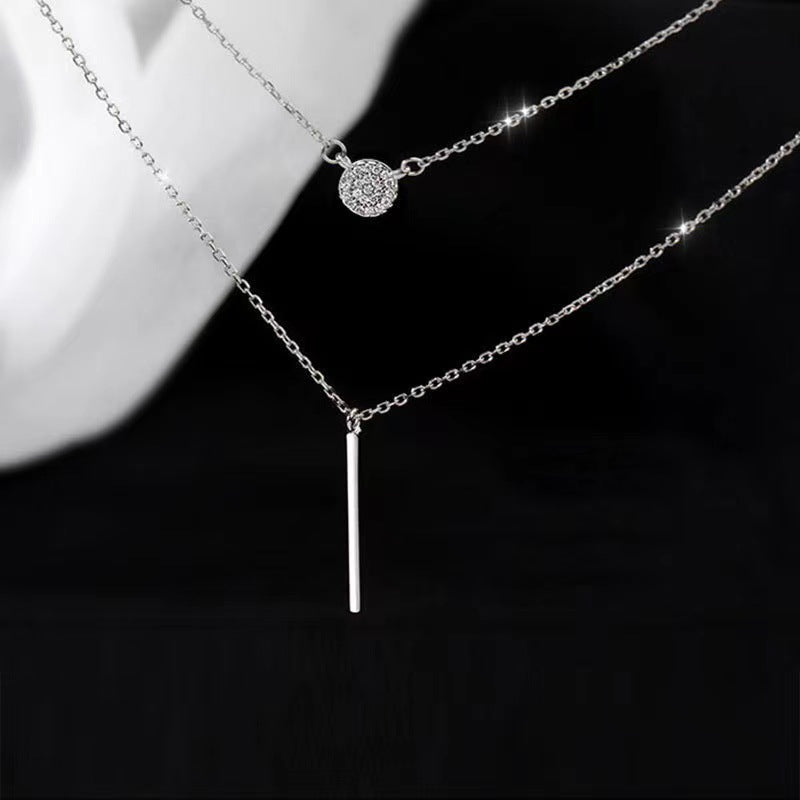 S925 Silver Color Double Chain Long Stick Micro Pave Zircon round Pendant Necklaces for Women Trendy Jewelry