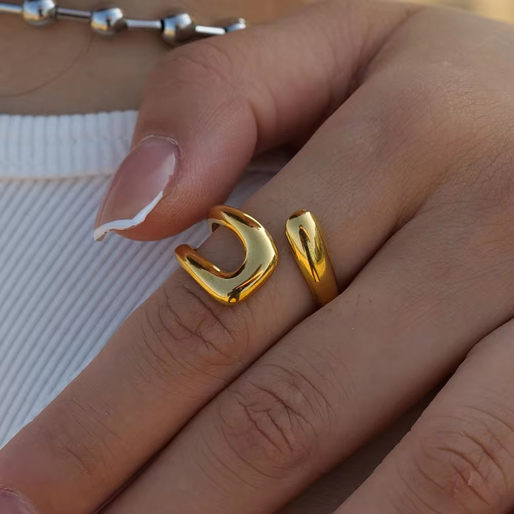 Stylish Waterproof Stainless Steel Geometric Wide Ring - Elegant Golden Jewelry for Women