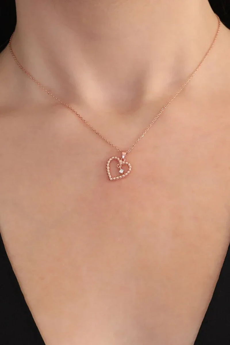 Elegant 925 Sterling Silver Rose Gold Heart Solitaire Necklace with Sparkling White Zircon