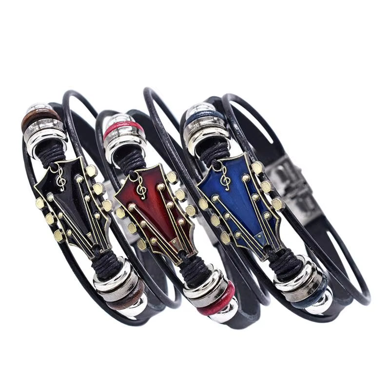 Braided Guitar Bracelet Zinc Alloy Adjustable Buckle Manual Woven Faux Leather 3-Layered Retro Punk Wrist Jewelry Gifts