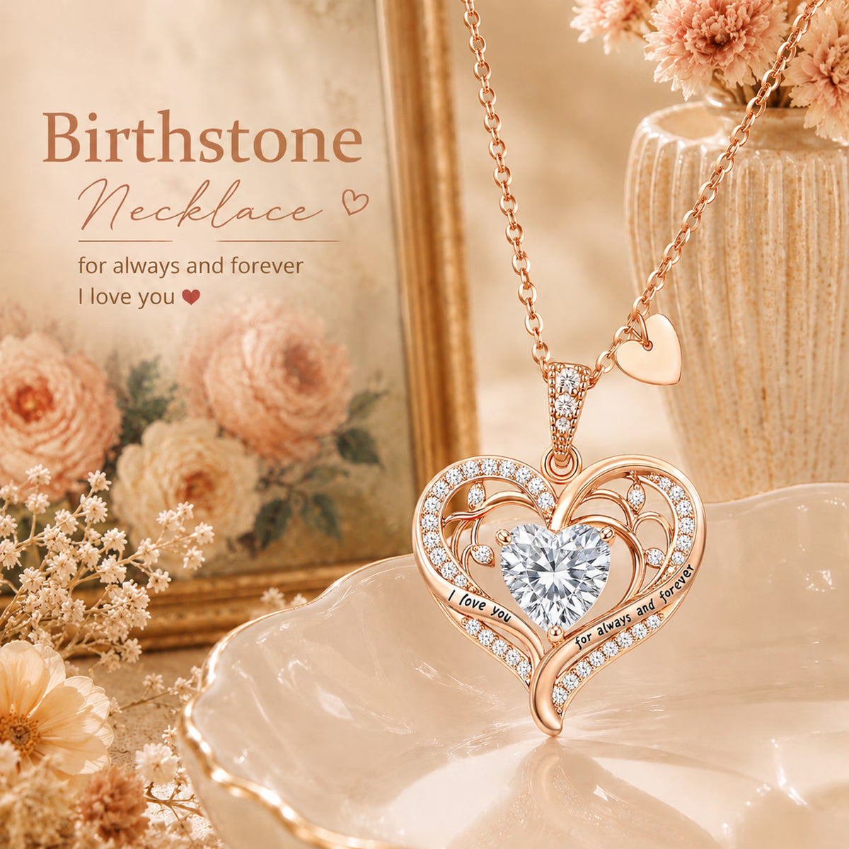 Birthstone Heart Pendant Necklace for Women, Christmas Birthday Anniversary Jewelry Gift
